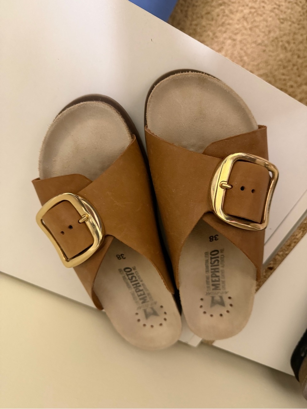 Mephisto Women's Tan Leather Slide Sandals with Gold Buckle